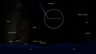 Night sky graphic showing the location of Comet C/2023 A3 in the night sky.