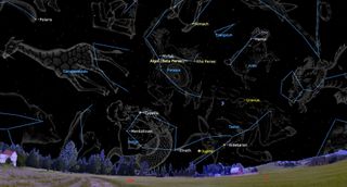 A cast of characters is scattered in the night sky like jumbled transparent giants above a low grassy horizon. Thin blue lines in the sky trace small points to indicate constellations.