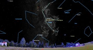 A transparent man with a winged helmet wears a toga and holds a shield and sword. his ankles are winged. He hangs in the night sky, which is riddled with blue lines connect stars to form constellations, which are all labeled.