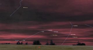 a pink hazy sky looms over a low grassy horizon, with thin blue lines tracing faint points to show constellations. A small crescent moon hangs low just right of the middle.