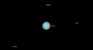 a small pale Uranus hangs in black space. around, small points are labeled Miranda, Ariel, and Ubriel.