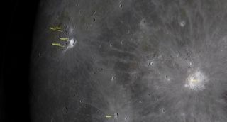 An extreme close up of the moon, with three craters labeled vallis schristeri, aristarchus, and herodutus