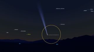 Above the western horizon on Oct. 13, Comet C/2023 A3 (Tsuchinshan-ATLAS) will appear after sunset.