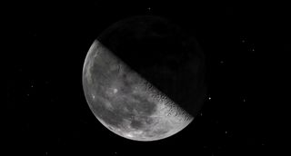 A large quarter moon hangs in black space tilting like a bowl to the right.