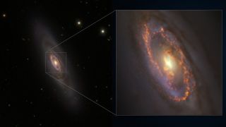 A galaxy on the left is boxed in white and enlarged on the right.