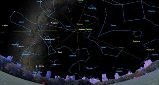 An ultra wide view of the night sky with a warped low horizon. Above, many thin blue lines trace stars to show consteallations. Green lines protrude from the center in many directions from a point labeled Southern Taurids.