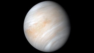 Image of Venus against black backdrop of space it has light brown and white swirling bands.