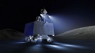 illustration of a silver rover working at night on the moon