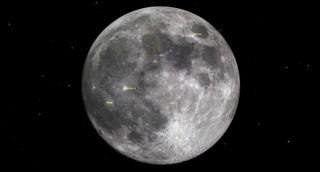 A large full moon hangs in starry space. Some features are labeled.