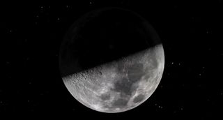 A large quarter moon hangs in a starry sky like a tipping bowl.