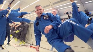 European Space Agency reserve astronaut John McFall takes part in a parabolic flight on April 6, 2023 sponsored by the agency and Novespace, in Bordeaux, France. McFall is the first reserve astronaut with a disability.