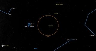 A small point labeled Uranus is in the center of thin orange circle in starry space. Thin blue lines connect certain points to trace constellations.