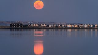 a orange hued moon shines over houses and a lake in the foreground reflects the moonlight.