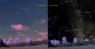 A split image shows constellations traced in the sky and the difference between two different nights.