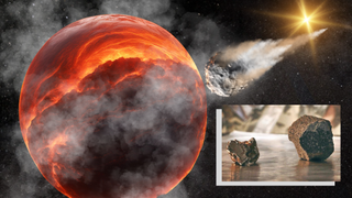 A large red and orange sphere to the left is an irregularly shaped grey rock with white and brown smoke above a box containing two irregularly shaped rocks one silvery the other larger and grey with white speckles